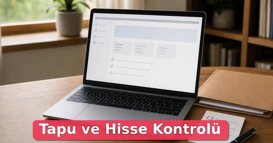 Tapu Bilgileri e-Devlet’ten Nasıl Sorgulanır? Taşınmaz ve Hisse Kontrol Rehberi 1 Masa üzerinde dizüstü bilgisayar, tapu dosyası ve kontrol notu görülüyor.