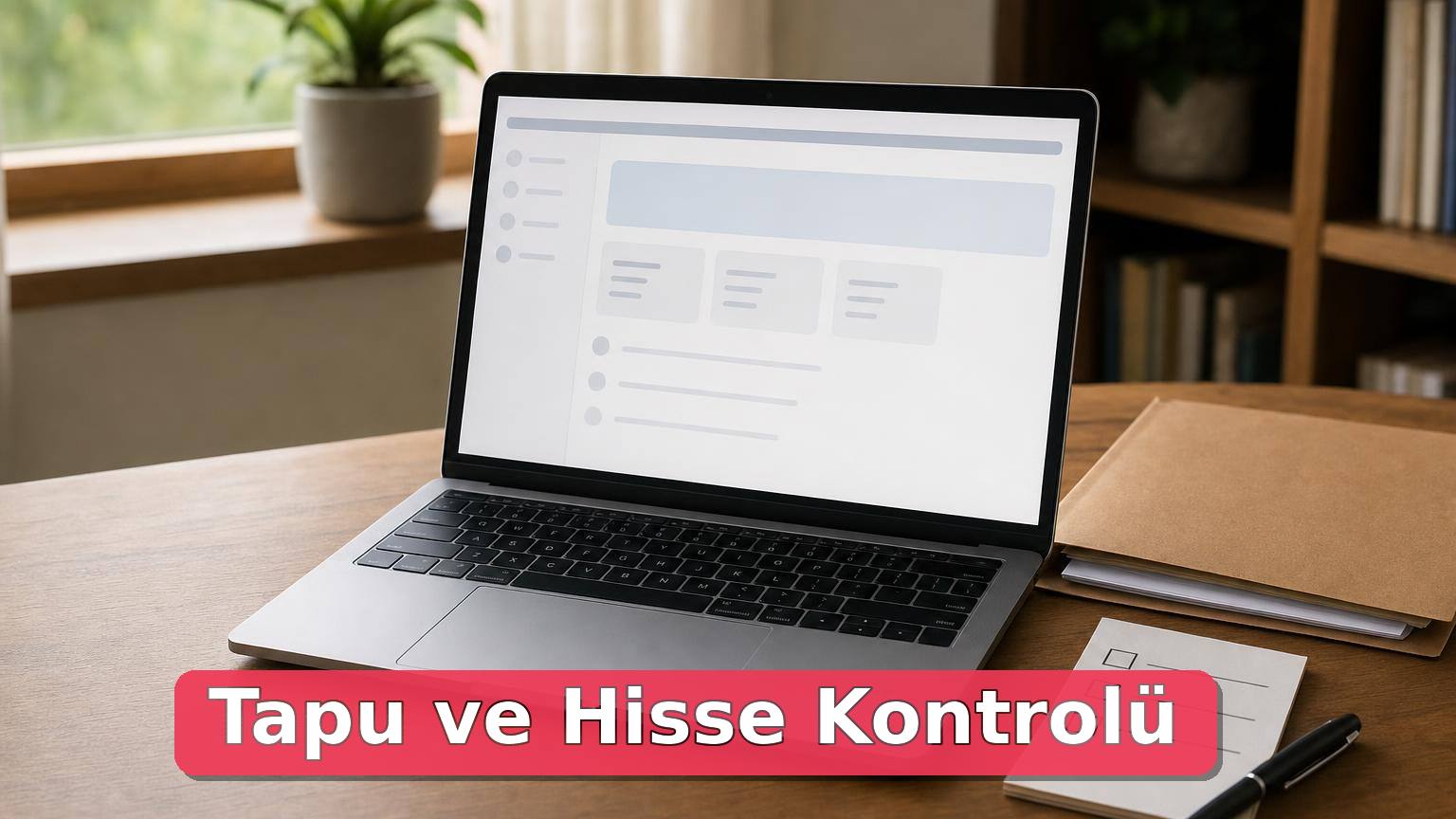 Masa üzerinde dizüstü bilgisayar, tapu dosyası ve kontrol notu görülüyor.