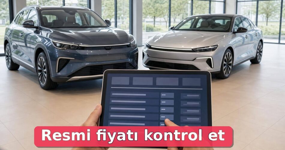 Yan yana duran iki elektrikli araç ve tablette fiyat kontrolü ekranı.