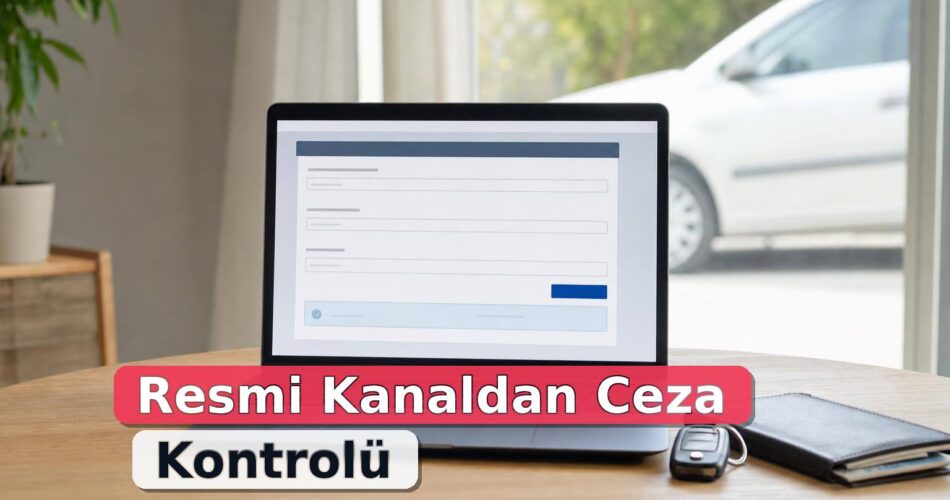 Trafik Cezası Sorgulama Nasıl Yapılır? Plaka, T.C. Kimlik ve e-Devlet Kontrolü 1 Dizüstü bilgisayarda resmi trafik cezası sorgulama ekranı ve araç anahtarı