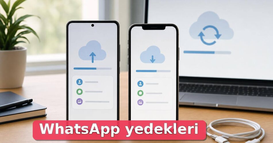 Yan yana duran iki telefonda mesajlaşma yedeği geri yükleme ekranı.