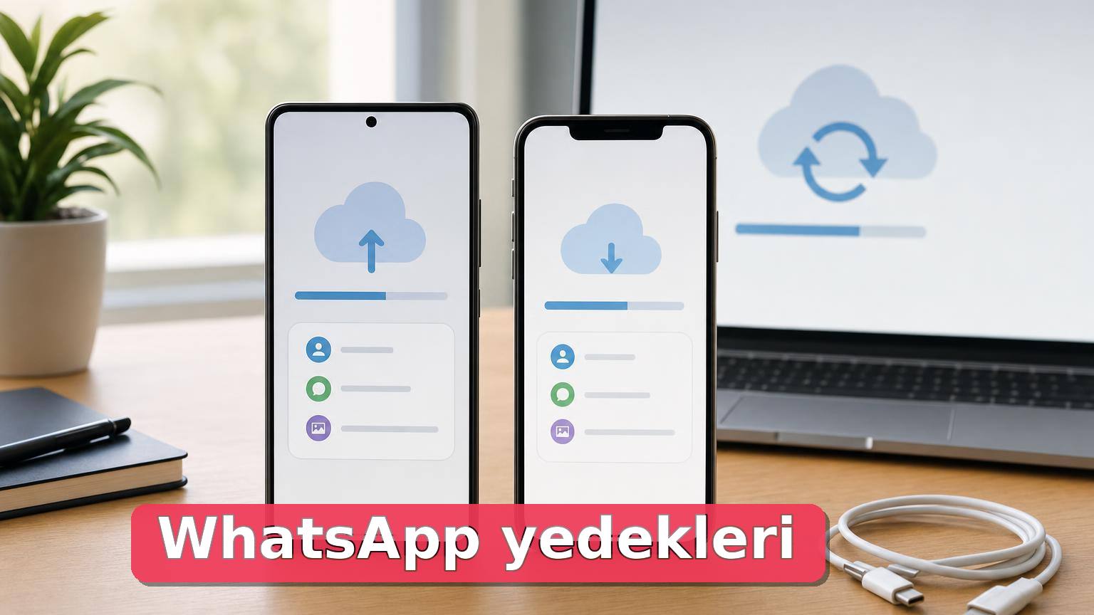 Yan yana duran iki telefonda mesajlaşma yedeği geri yükleme ekranı.