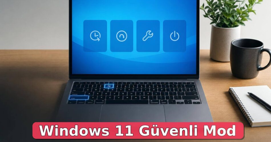 Dizüstü bilgisayarda kurtarma ekranı ve vurgulu Shift ile F4 tuşları