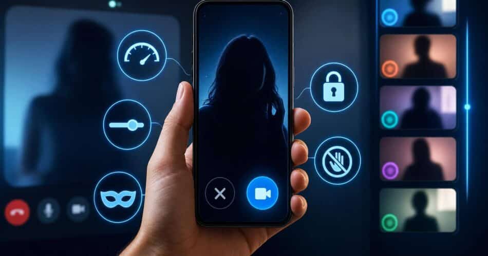 Yabancı görüntülü chat siteleri için güvenlik ve filtre seçenekleri gösteren mobil karar matrisi.