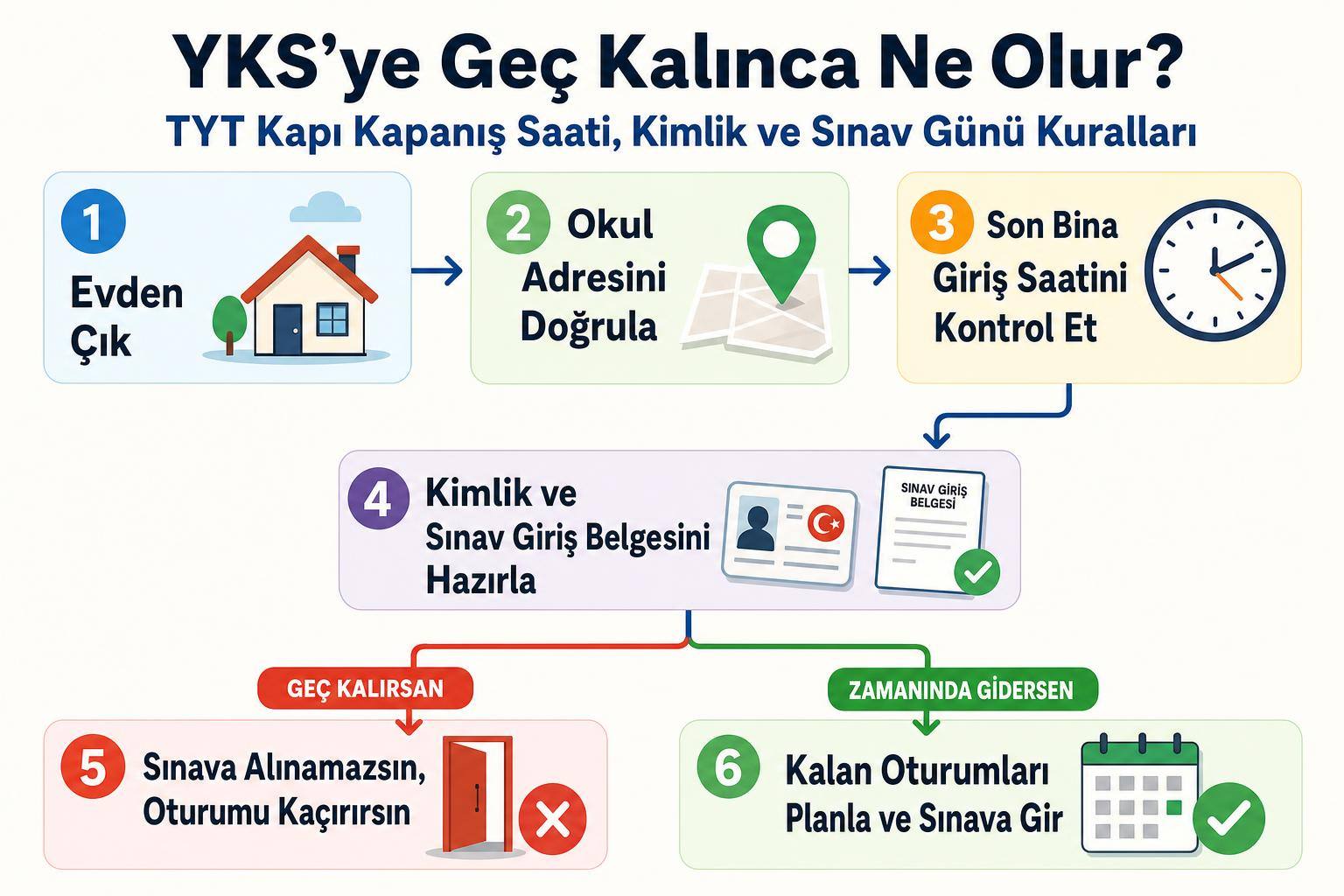 YKS’ye Geç Kalınca Ne Olur? TYT Kapı Kapanış Saati, Kimlik ve Sınav Günü Kuralları 2 YKS’ye Geç Kalınca Ne Olur? TYT Kapı Kapanış Saati, Kimlik ve Sınav Günü Kuralları adım şeması