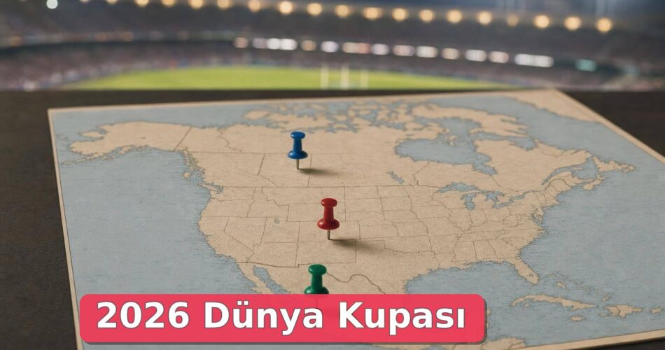 ABD, Kanada ve Meksika işaretli Kuzey Amerika haritası ve stadyum ışıkları