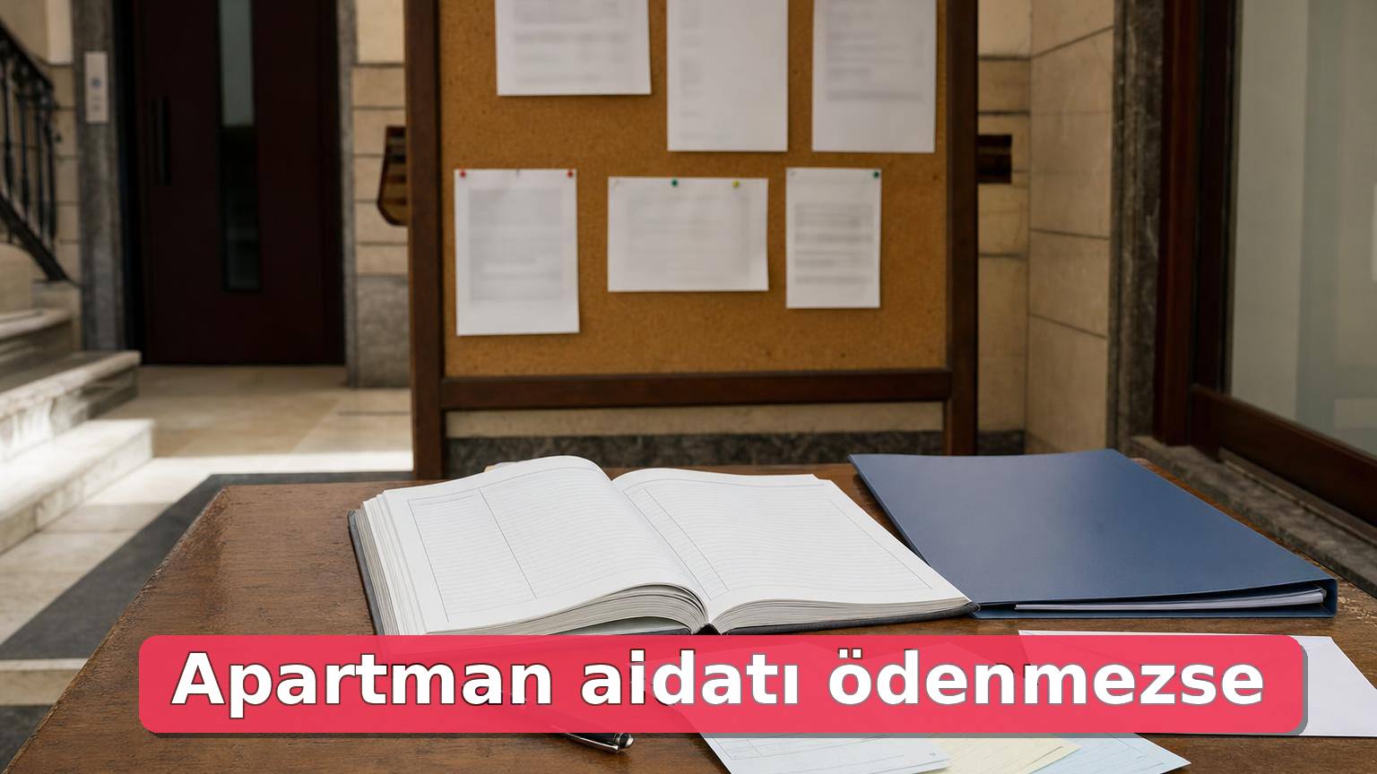 Apartman girişinde yönetim defteri ve aidat ödeme dekontları.