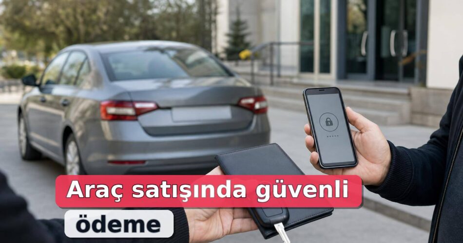 Noter önünde telefon, araç anahtarı ve ruhsatla güvenli ödeme kontrolü.