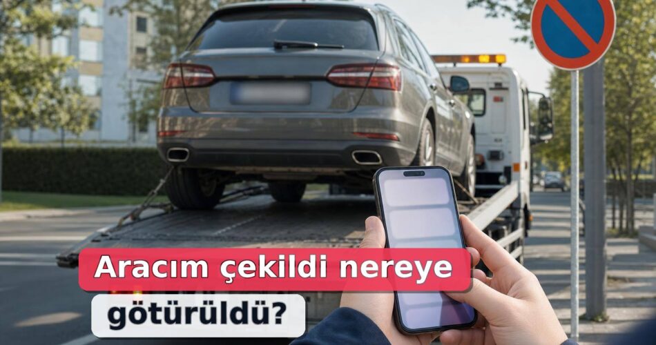 Aracım Çekildi, Nereye Götürüldü? Otopark Sorgulama, Ceza ve Teslim Alma Rehberi 1 Çekiciye yüklenen otomobilin yanında telefonundan otopark sorgulayan sürücü eli.