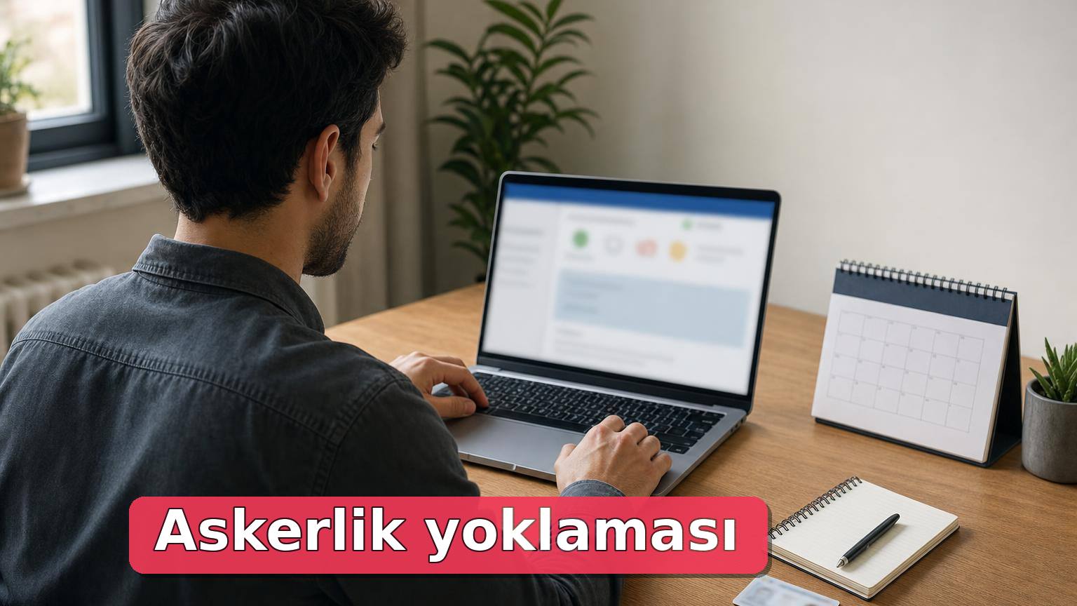 Dizüstü bilgisayarda askerlik yoklaması başvurusunu kontrol eden genç kişi