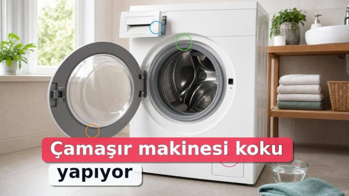 Açık kapaklı çamaşır makinesinde lastik, deterjan gözü, filtre kapağı ve kazan kontrol ediliyor.