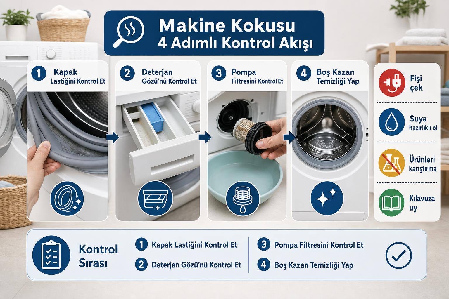 Çamaşır Makinesi Koku Yapıyor: Lastik, Filtre, Deterjan Gözü ve Kazan Temizliği Rehberi 2 çamaşır makinesi koku yapıyor hakkında görsel özet