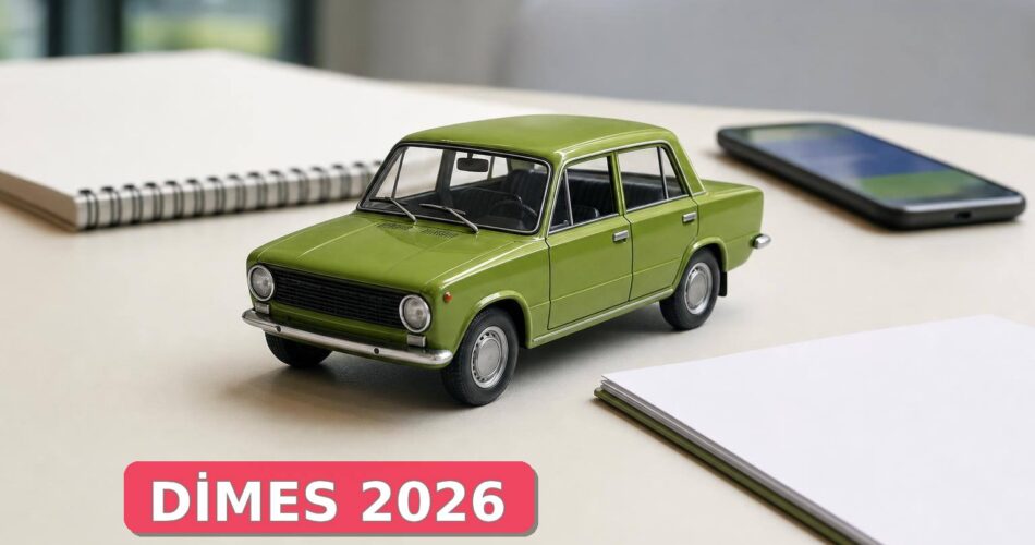 DİMES, 2026 kampanyasında 1976 model Murat 124 ödülü verecek 1 Kampanya masasında yeşil klasik Murat 124 maketi ve telefon.