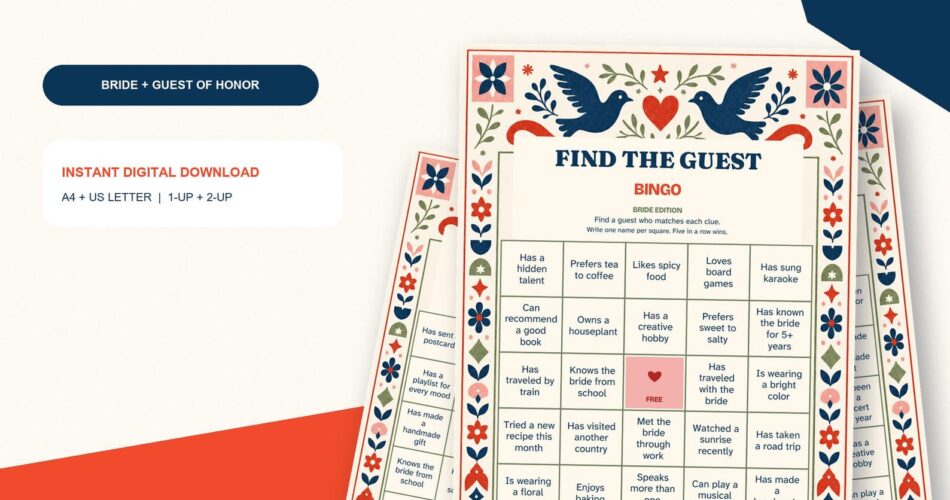 Düğün Misafir Oyunları: Bingo, Bulmaca ve Eğlenceli Fikirler 1 Düğün misafirleri için yazdırılabilir Misafiri Bul bingo kartları