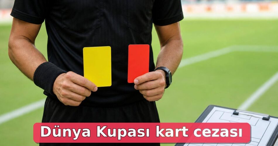 Dünya Kupası Kart Cezası Nasıl İşler? Sarı Kart, Kırmızı Kart ve Erteleme Kuralları 1 Futbol sahasında sarı ve kırmızı kart tutan hakem ve yazısız disiplin akışı panosu