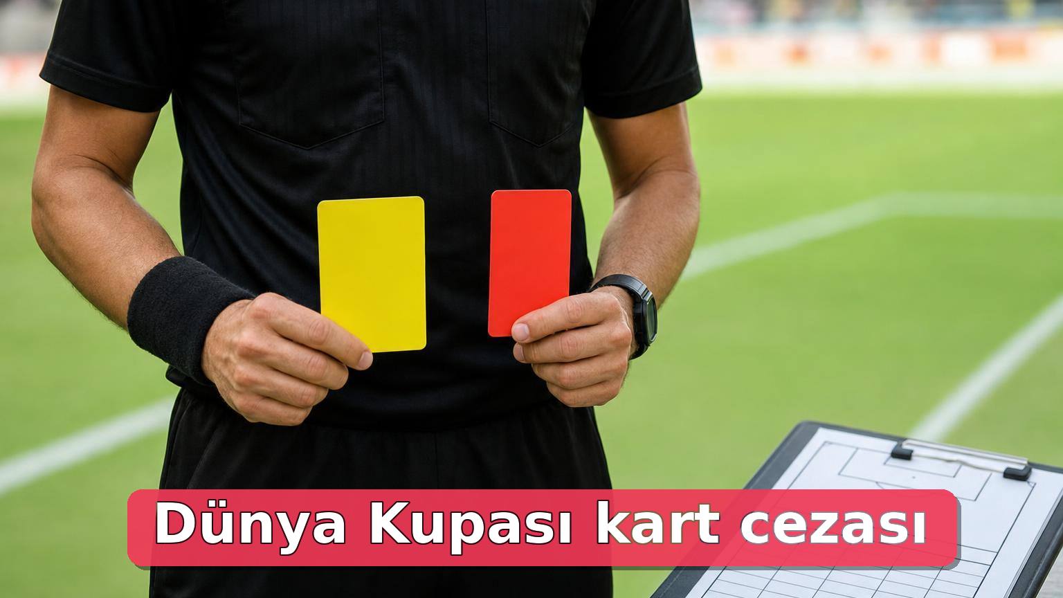 Futbol sahasında sarı ve kırmızı kart tutan hakem ve yazısız disiplin akışı panosu