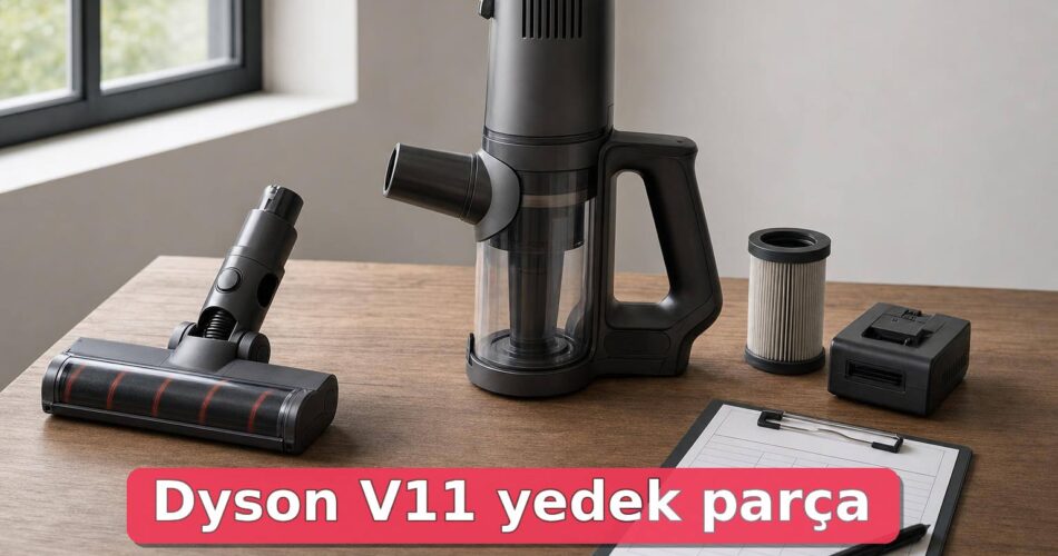 Dyson V11 Yedek Parça Nasıl Bulunur? Servis ve Parça Kontrol Rehberi 1 Dyson V11 yedek parça kontrolü için masada ayrılmış süpürge parçaları ve servis formu