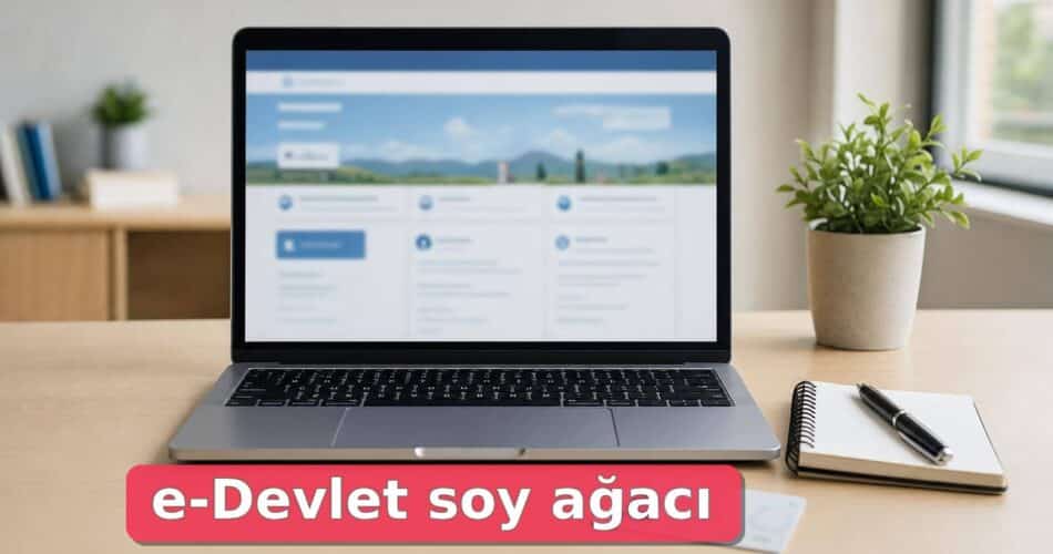 Dizüstü bilgisayarda temsili kamu hizmeti ekranı, yanında kimlik kartı ve not defteri.