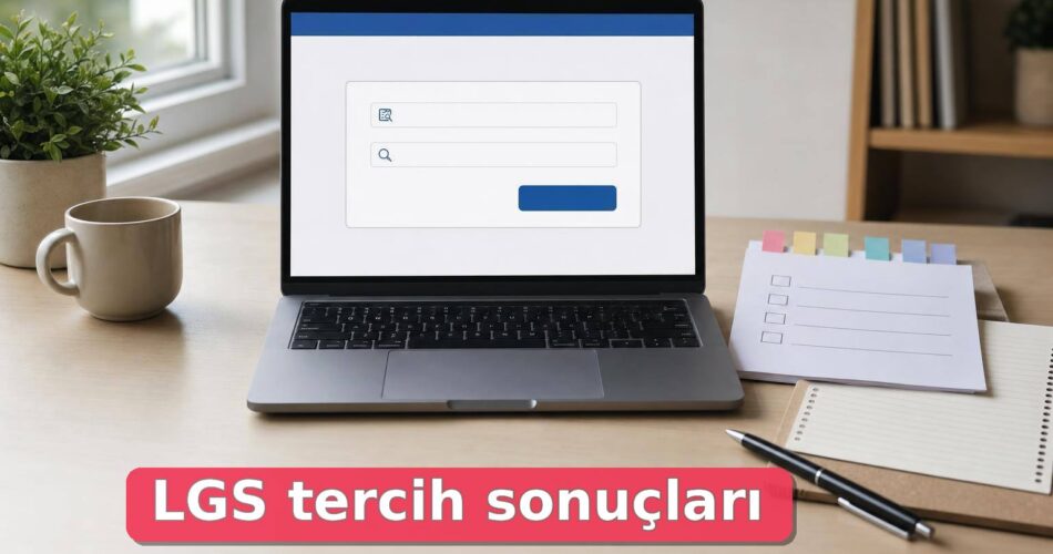 E-Okul ve LGS Tercih Sonuçları Nasıl Sorgulanır? 2026 Rehberi 1 Dizüstü bilgisayar yanında LGS tercih takvimi ve okul listesi notları bulunan masa düzeni