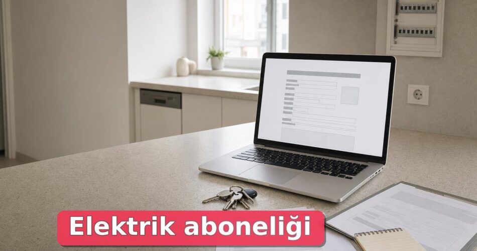 Elektrik Aboneliği Nasıl Alınır? Kiracı, Ev Sahibi, e-Devlet ve Güvence Bedeli Rehberi 1 Elektrik aboneliği başvurusu için laptop, anahtar ve belgelerin bulunduğu mutfak tezgâhı