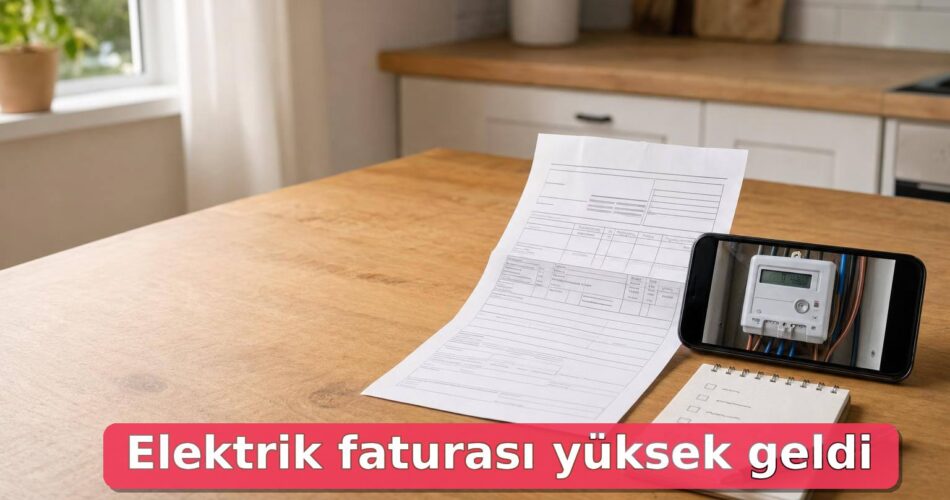 Elektrik Faturası Yüksek Geldi Ne Yapmalıyım? Sayaç, İtiraz ve Tüketim Kontrol Rehberi 1 Masada elektrik faturası, sayaç fotoğrafı olan telefon ve kontrol notları görülüyor.