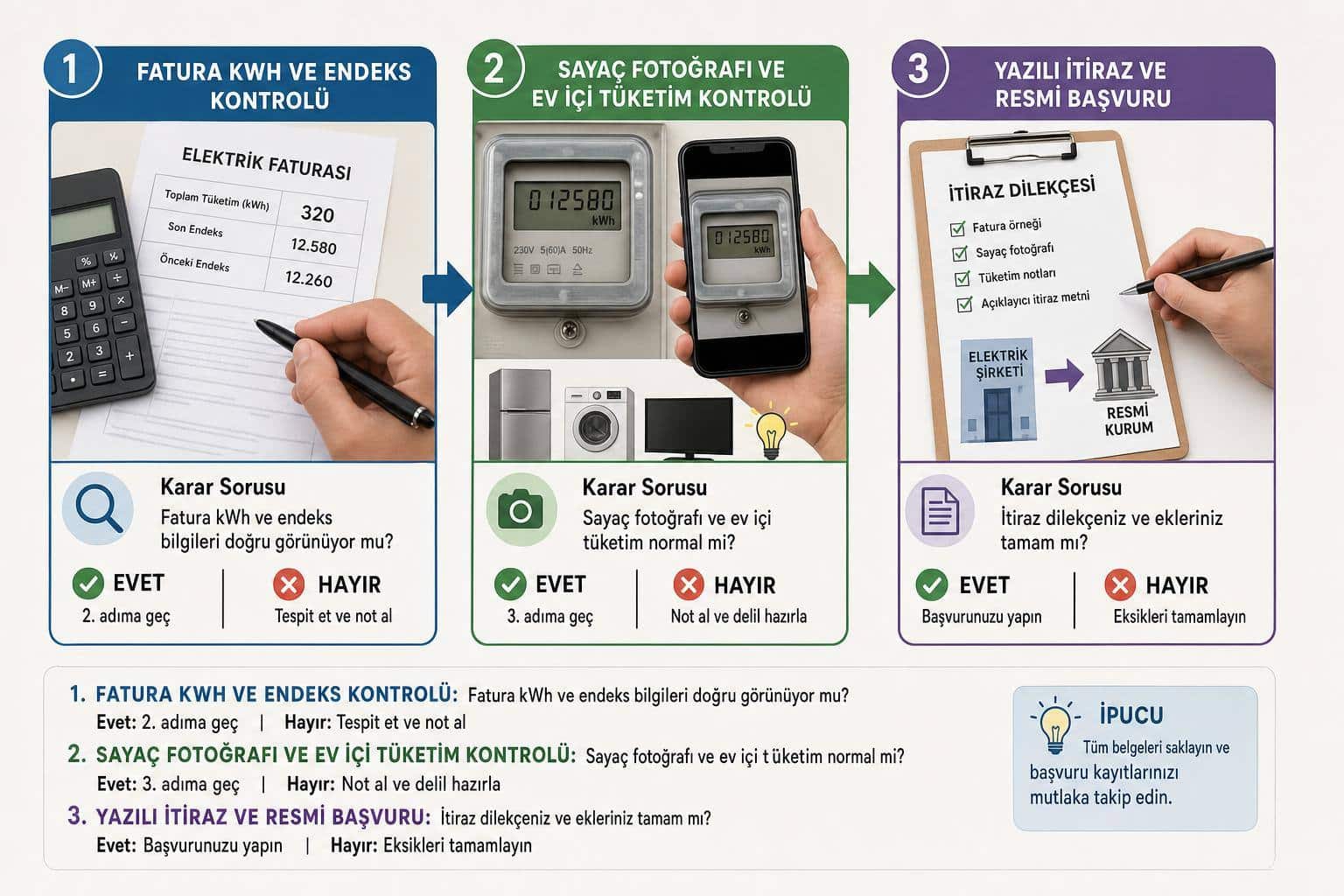Elektrik Faturası Yüksek Geldi Ne Yapmalıyım? Sayaç, İtiraz ve Tüketim Kontrol Rehberi 2 elektrik faturası yüksek geldi ne yapmalıyım hakkında görsel özet