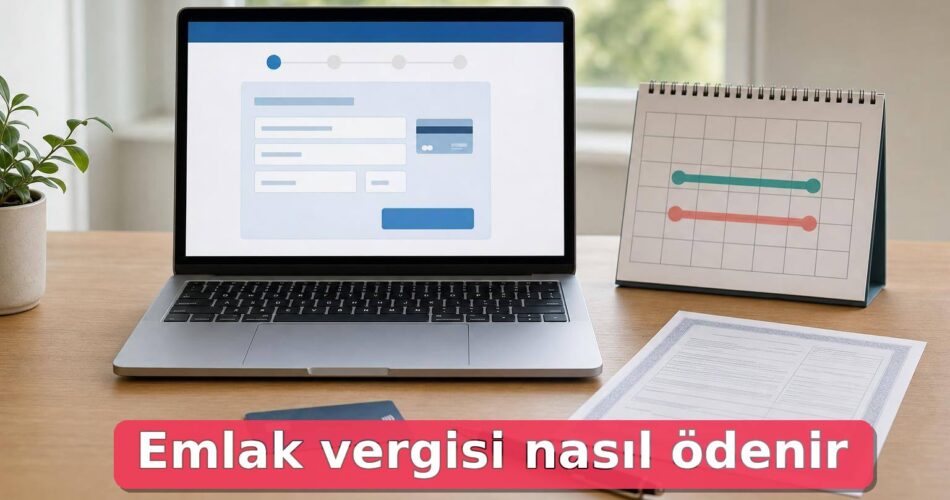 Emlak vergisi ödemesi için bilgisayar, evrak ve takvim bulunan masa