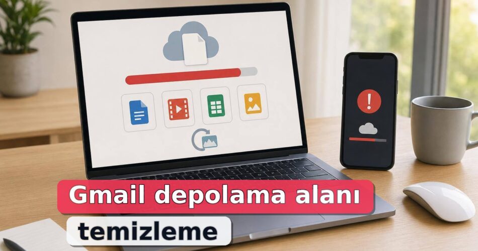 Gmail Depolama Alanı Doluysa Ne Yapılır? Google Drive, Fotoğraflar ve Büyük E-posta Temizliği 1 Dolu depolama göstergesi açık dizüstü bilgisayar ve yanında uyarı görünen telefon.