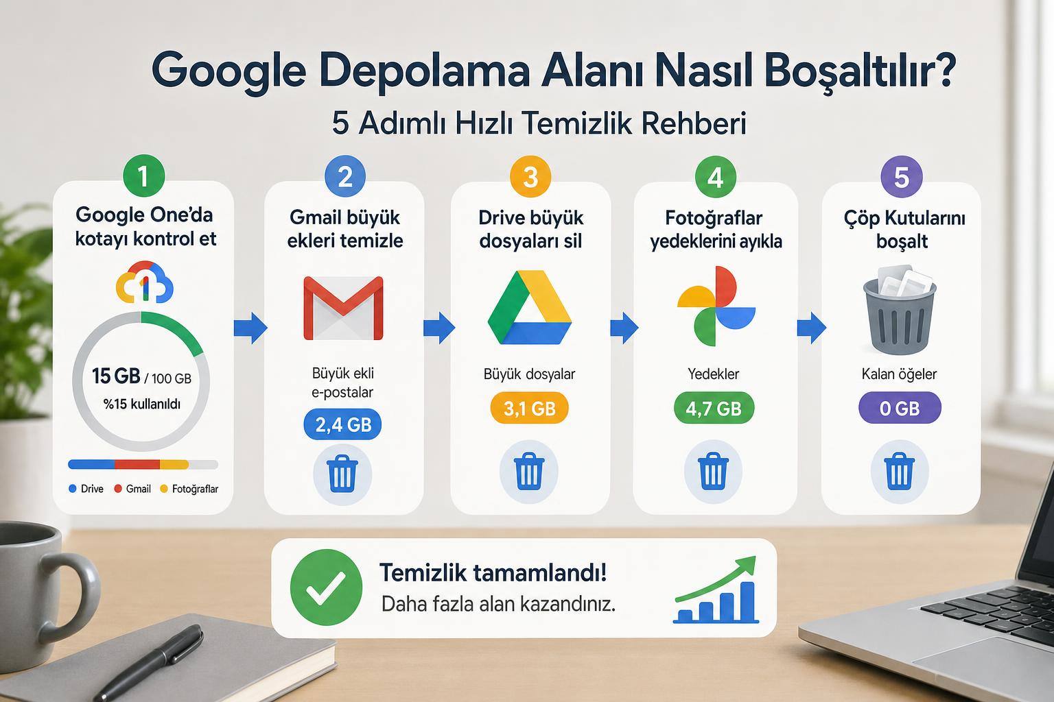 Gmail Depolama Alanı Doluysa Ne Yapılır? Google Drive, Fotoğraflar ve Büyük E-posta Temizliği 2 gmail depolama alanı temizleme hakkında görsel özet