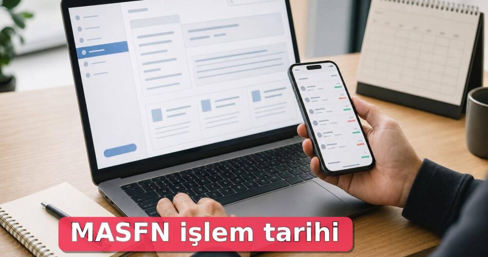 Yatırımcı, laptop ve telefon üzerinden MASFN ilk işlem tarihi için resmi kaynakları kontrol ediyor.