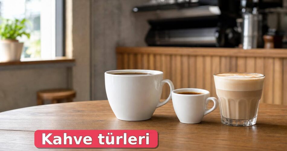 Kahve Türleri Neler? Filtre, Espresso, Latte ve Diğerleri Ne Fark Eder? 1 Ahşap masada filtre kahve, espresso ve latte yan yana duruyor.