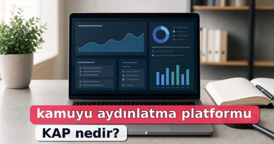 KAP Nedir? Kamuyu Aydınlatma Platformu Bildirimleri Nasıl Okunur? 1 Dizüstü bilgisayarda soyut borsa bildirimi ekranı ve yanında not defteri.