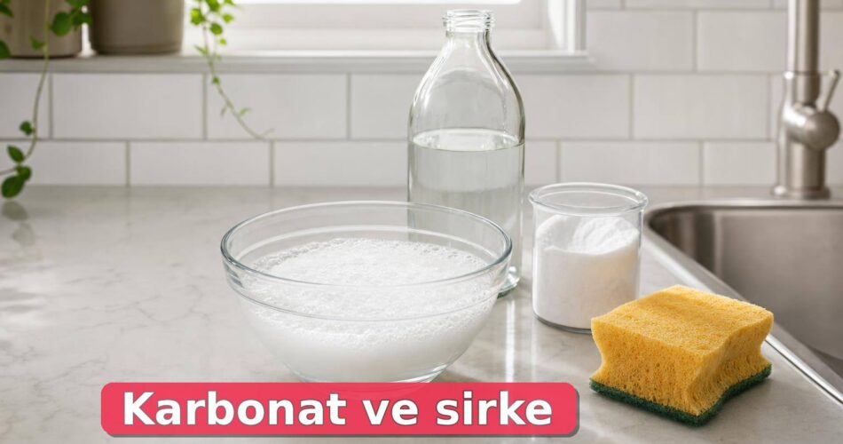 Mutfak tezgâhında açık cam kasede köpüren karbonat ve sirke karışımı.