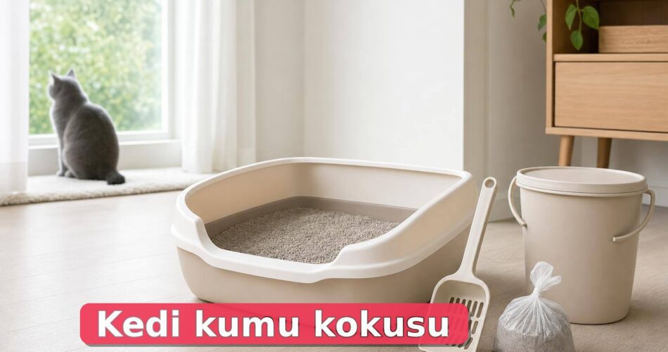 Temiz kedi kum kabı, kum küreği ve kapalı atık poşeti bulunan hijyenik ev köşesi