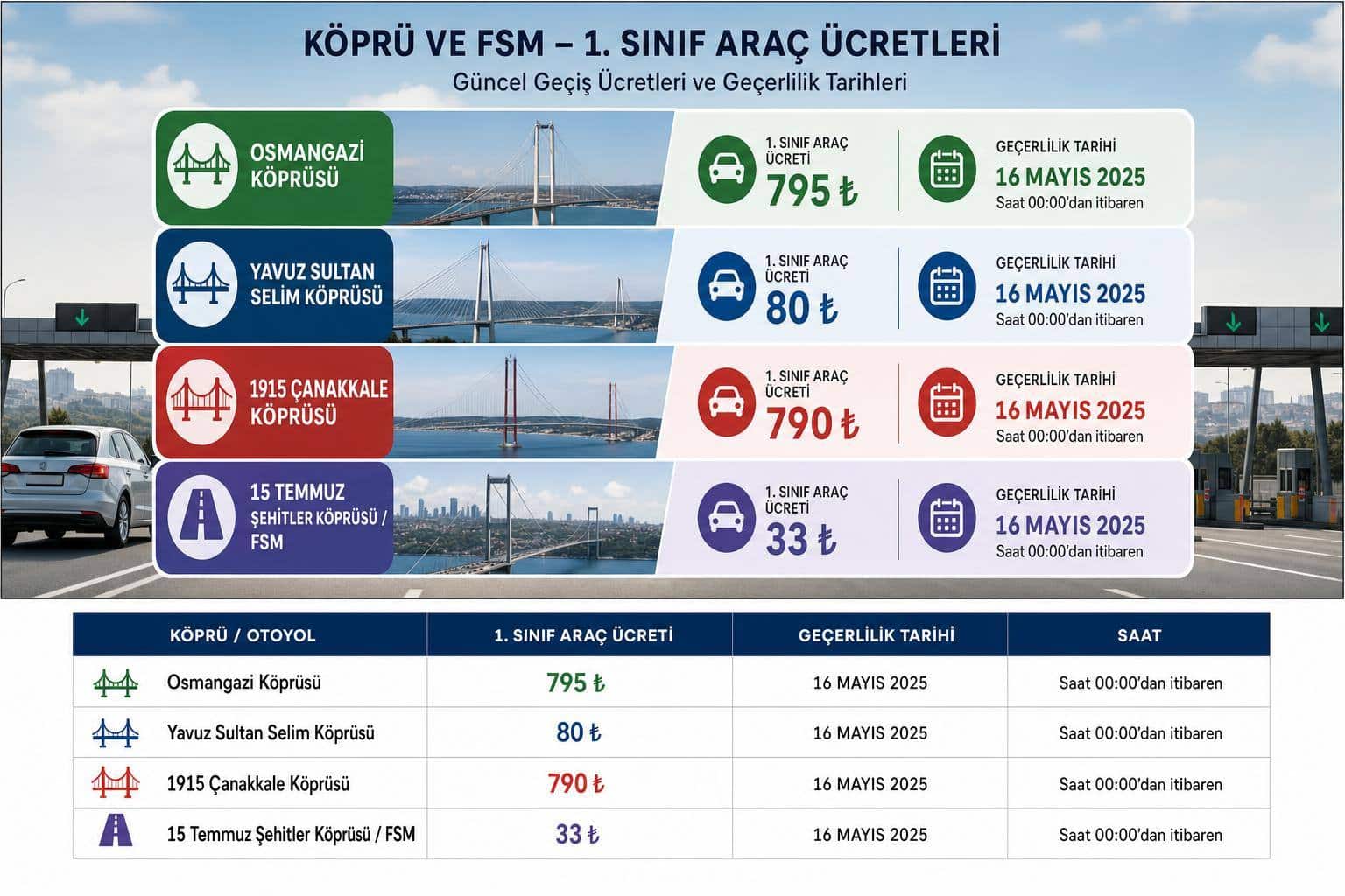 1 temmuz köprü ve otoyol ücretlerine zam hakkında görsel özet