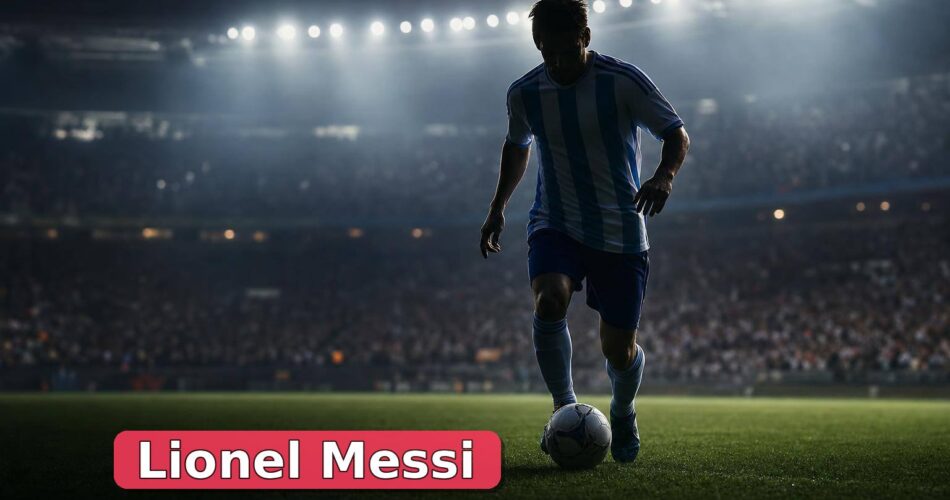 Stadyum ışıkları altında top süren mavi beyaz tonlarda anonim futbolcu silüeti