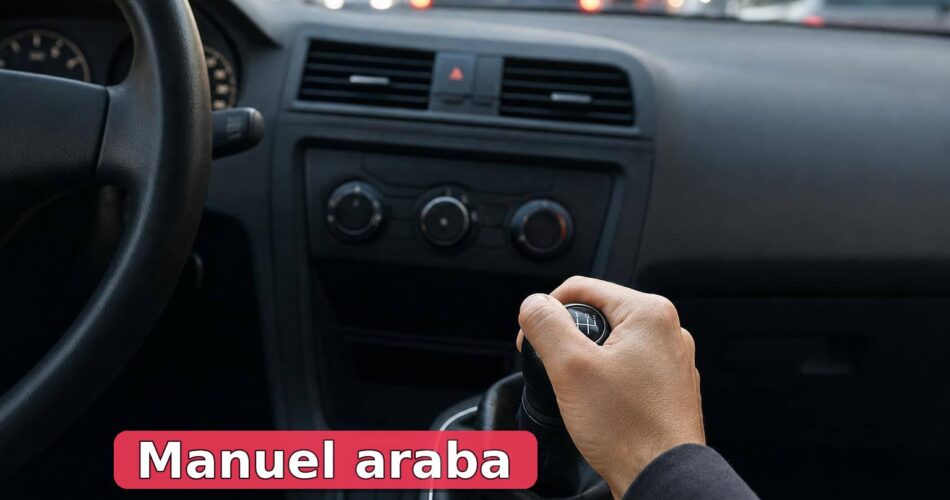 Şehir trafiğinde manuel vites kullanan sürücünün eli ve sade otomobil iç mekânı