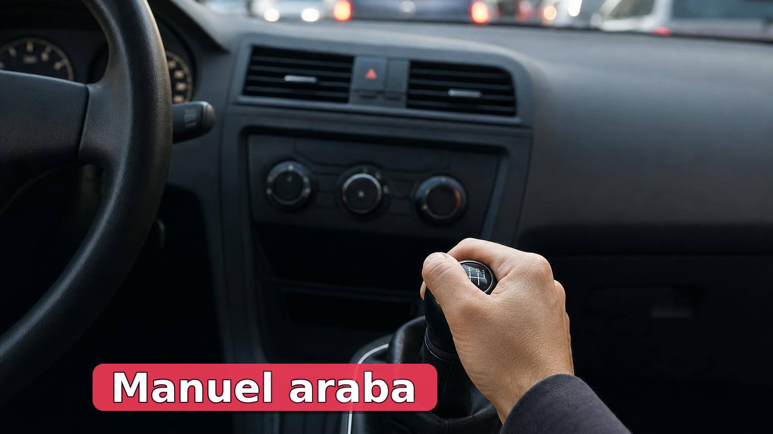 Şehir trafiğinde manuel vites kullanan sürücünün eli ve sade otomobil iç mekânı