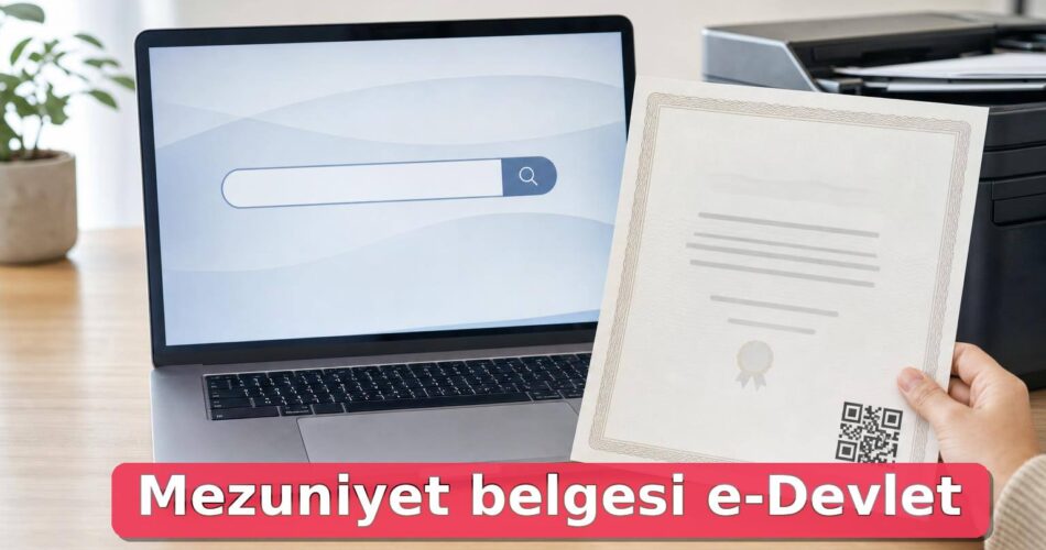 Mezuniyet Belgesi e-Devlet’ten Nasıl Alınır? Diploma Yerine Geçer mi, Barkod Nasıl Doğrulanır? 1 Dizüstü bilgisayar yanında barkodlu mezuniyet belgesi çıktısı