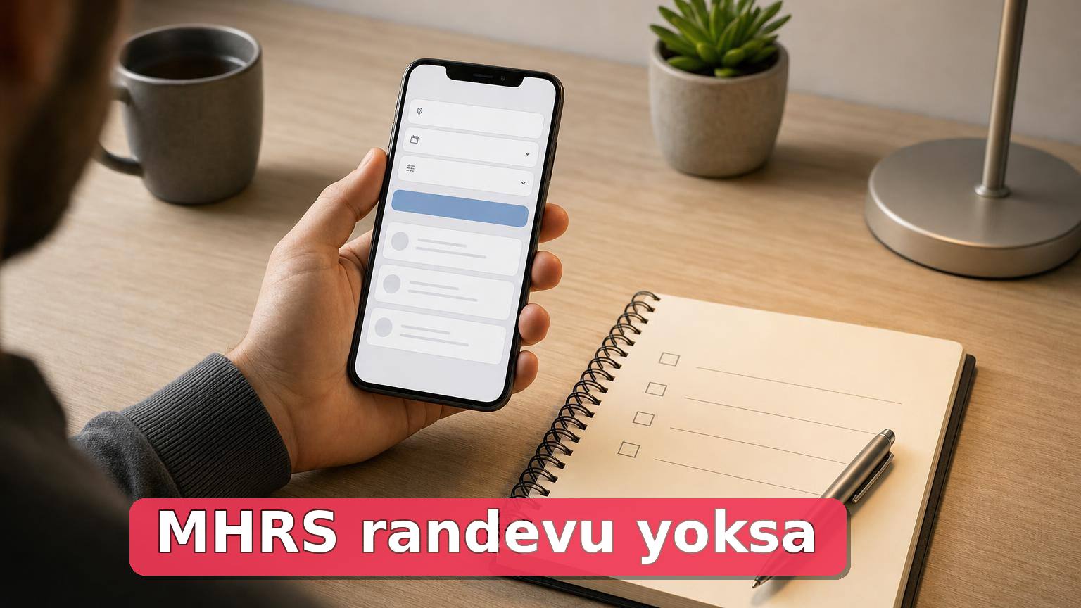 Telefonunda randevu arayan bir kullanıcı ve yanında kontrol listesi olan not defteri