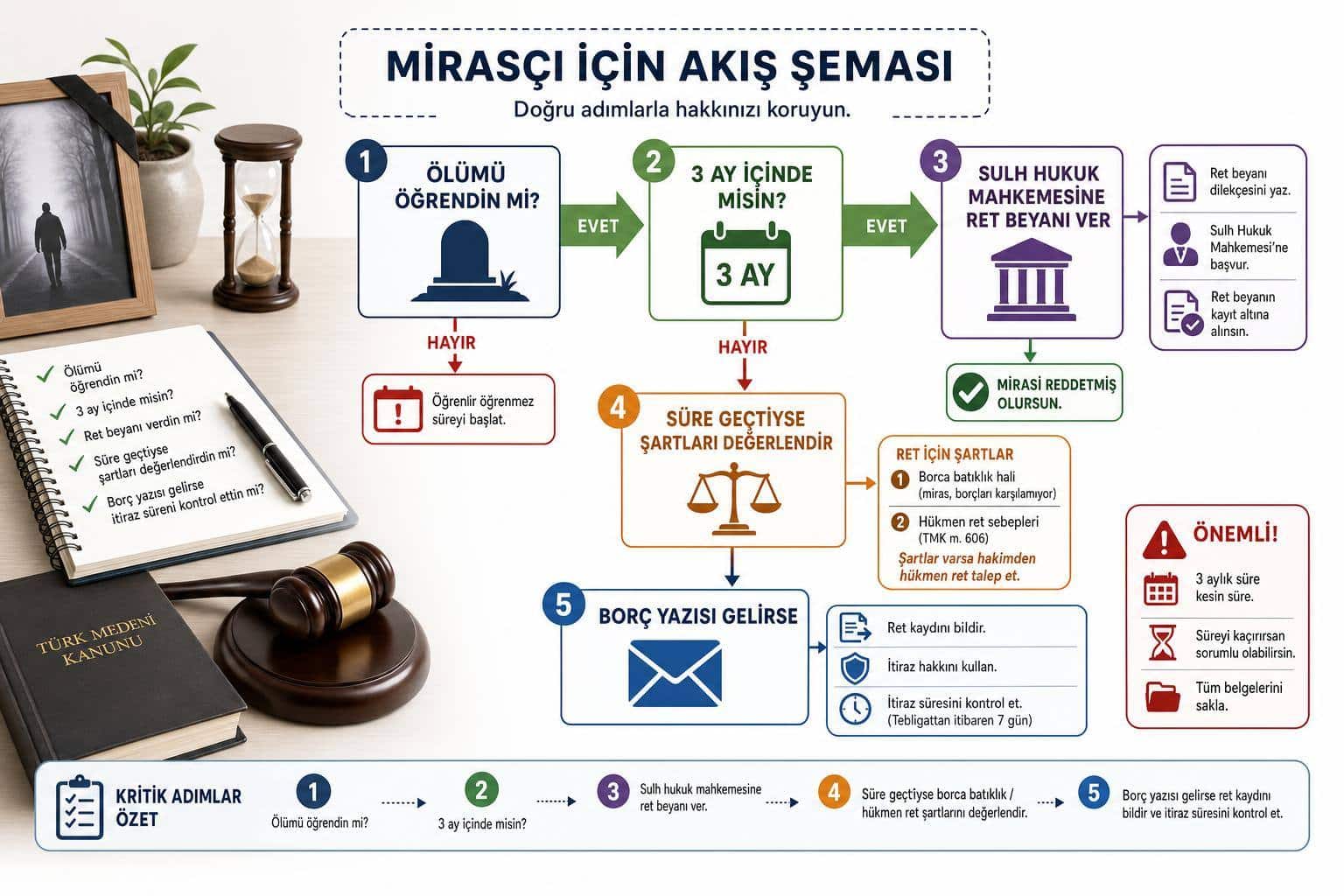 Mirasın Reddi Nasıl Yapılır? Süre, Sulh Hukuk Mahkemesi ve Borçlu Miras Kontrolü 2 miras reddi nasıl yapılır hakkında görsel özet