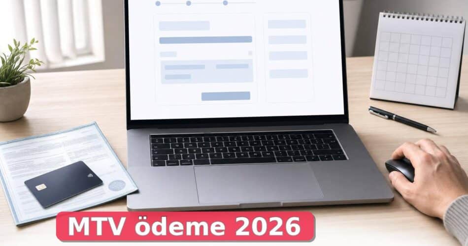 MTV ödemesi için bilgisayar başında ruhsat ve banka kartı bulunan masa
