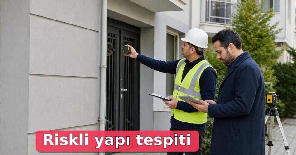 Riskli Yapı Tespiti Nasıl Yapılır? Deprem Risk Raporu, Başvuru ve İtiraz Süreci 1 Apartman girişinde riskli yapı tespiti için inceleme yapan mühendis ve tablet kullanan malik.