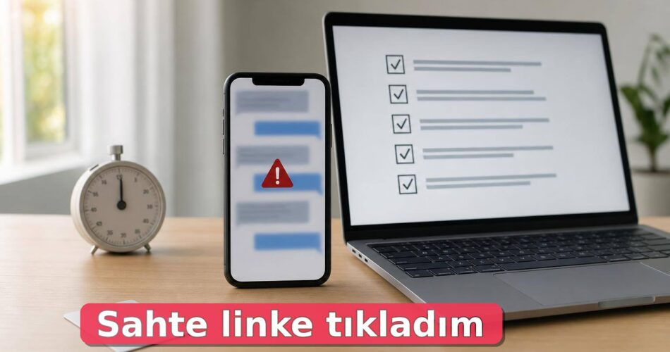 Sahte Linke Tıkladım, Ne Yapmalıyım? Telefonda ve Bilgisayarda İlk 15 Dakika Kontrol Listesi 1 Şüpheli link sonrası telefon ve bilgisayarda güvenlik kontrolü yapılan masa sahnesi