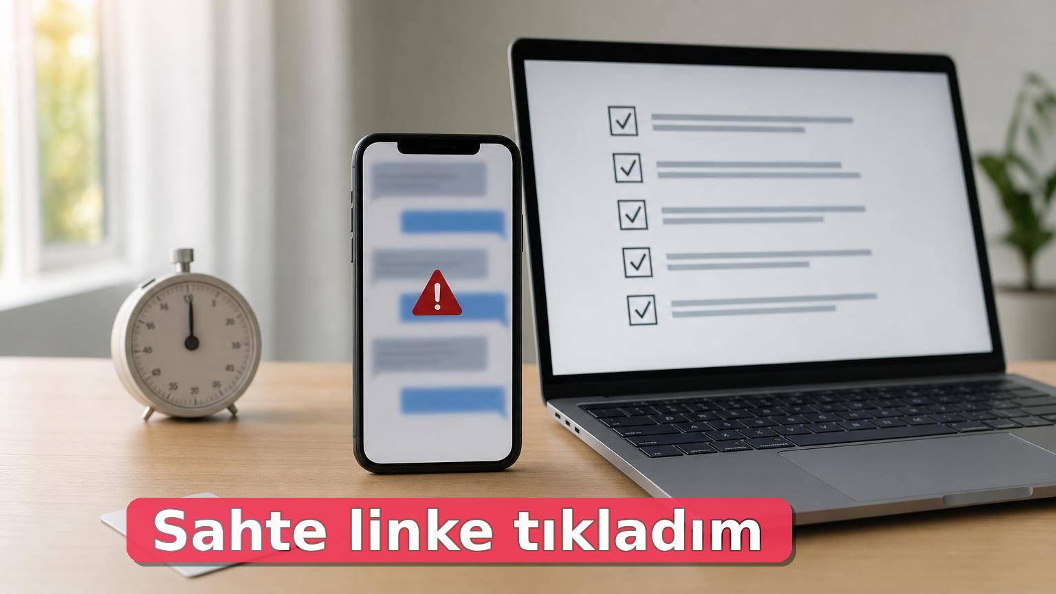 Şüpheli link sonrası telefon ve bilgisayarda güvenlik kontrolü yapılan masa sahnesi