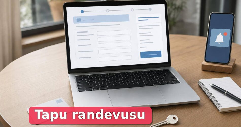 Tapu randevusu için bilgisayar, kimlik, anahtar ve telefonla hazırlık yapılan masa.