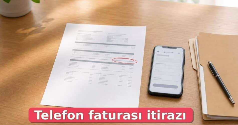 Masada işaretlenmiş telefon faturası ve başvuru ekranı açık telefon