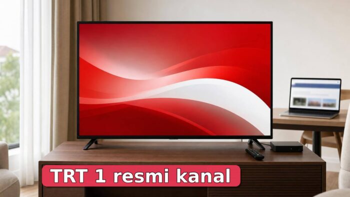 Televizyon, kumanda, uydu alıcısı ve dizüstü bilgisayarla TRT 1 izleme seçeneklerini temsil eden sade oturma odası sahnesi.