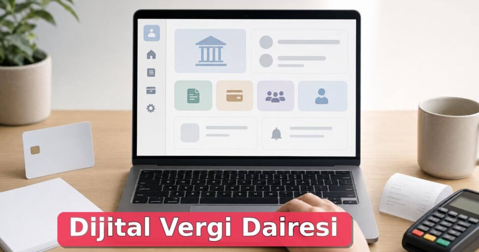 Vergi Dairesi Ne İş Yapar? Online İşlemler ve Borç Sorgulama Rehberi 1 Dizüstü bilgisayarda dijital vergi işlemleri için genel kamu hizmeti ekranı açık olan çalışma masası.