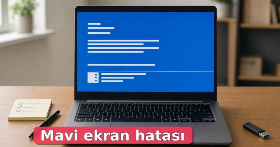 Windows Mavi Ekran Hatası Nasıl Çözülür? Stop Code, Sürücü, RAM ve Güvenli Mod Kontrolleri 1 Mavi hata ekranı görünen dizüstü bilgisayar, USB bellek ve kontrol notları